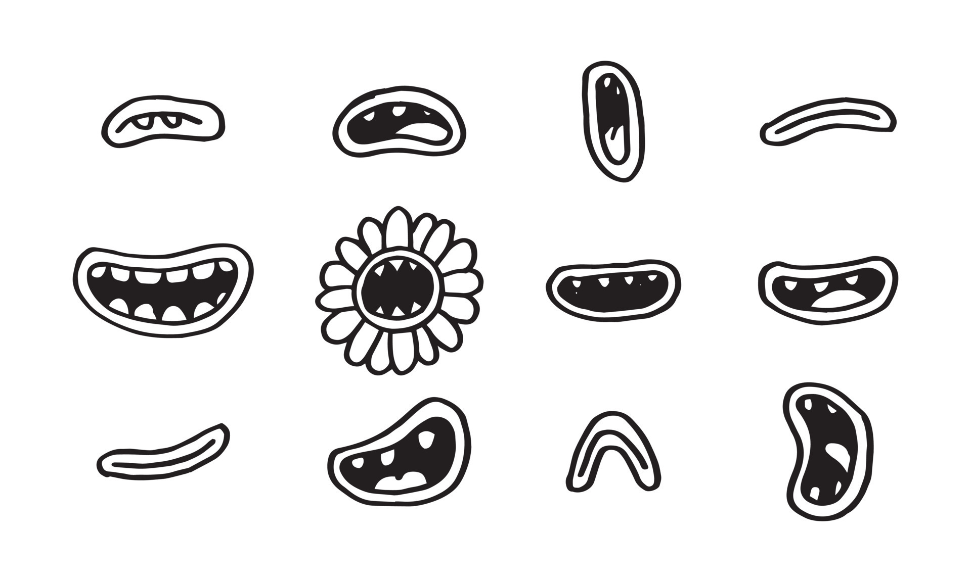 coleção de boca de monstros fofos. bocas de desenhos animados desenhados à  mão com dentes, sobre fundo branco. ilustração vetorial para design de  personagens 6635997 Vetor no Vecteezy